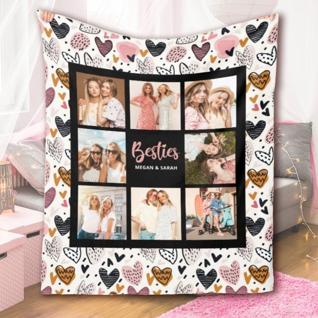 Best Friends Stylish BFF Friendship Photo Fleecefilt (A cute best friends blanket with a heart pattern background. Personalize 8 photos and your names.)