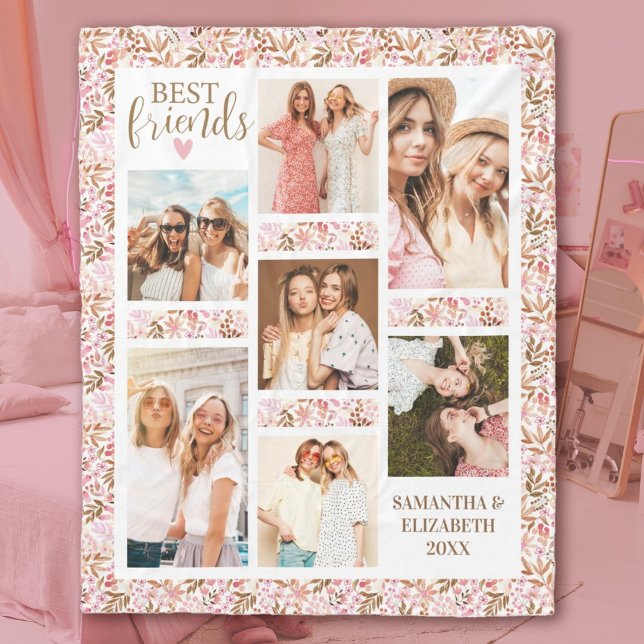 Best Friends Stylish BFF Friendship Pink Photo Fleecefilt (A pretty floral 7 photo best friends blanket. personalize it with your names and photos.)