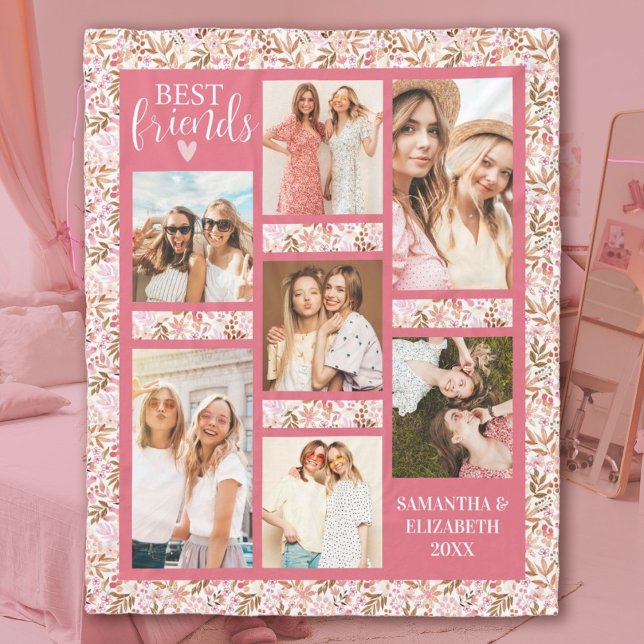 Best Friends Stylish BFF Friendship Pink Photo Fleecefilt (A cute pink floral best firends photo blanket. Personlaize it with your photos and names.)