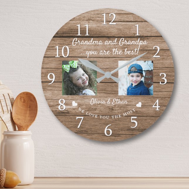 Best Grandma and Grandpa Grandkids 2 Photo Wood  Stor Klocka (Skapare uppladdad)