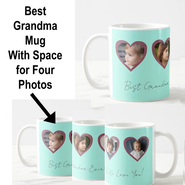 Best Grandma Aqua Hearts Four Kids Photo Collage Kaffemugg (Skapare uppladdad)