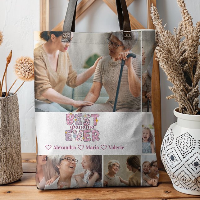 Best Grandma Ever Floral 6 Photo Collage Tygkasse (Skapare uppladdad)