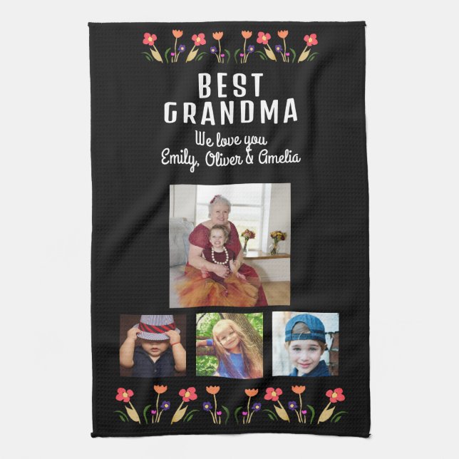 Best Grandma Flowers 4 Photo Collage Keepsaké Kökshandduk (Vertikal)