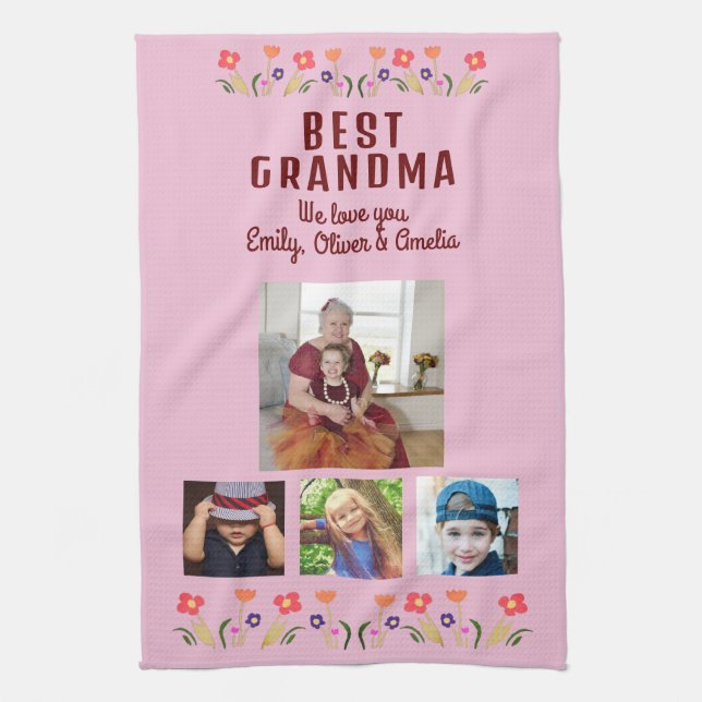 Best Grandma Flowers 4 Photo Collage Keepsaké Kökshandduk (Vertikal)