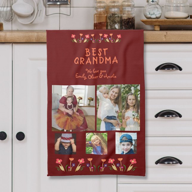 Best Grandma Flowers 5 Photo Collage Keepsaké Kökshandduk (Skapare uppladdad)