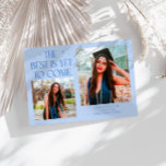 Best Is Yet To Come Icy Blue Grad Photo Meddelande<br><div class="desc">Modern and whimsical graduation announcement photo card featuring2 photos on the front and 1 on the back. The text says "The Best Is Yet To Come" with twinkling stars. Add the graduate's name,  information,  and message to personalize this card. Icy blue color.</div>