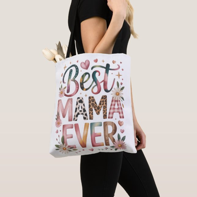 Best Mama Ever Boho Floral Tote Bag Tygkasse (Närbild)