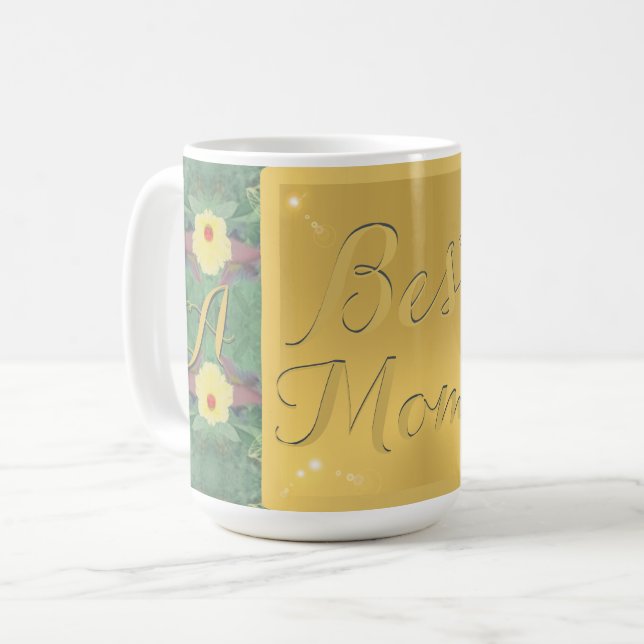 "Best Mamma" Blommigt Brass-like Monogram Mugg (Framsida vänster)