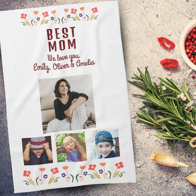 Best Mamma Flowers 4 Photo Collage Keepsaké Kökshandduk (Skapare uppladdad)