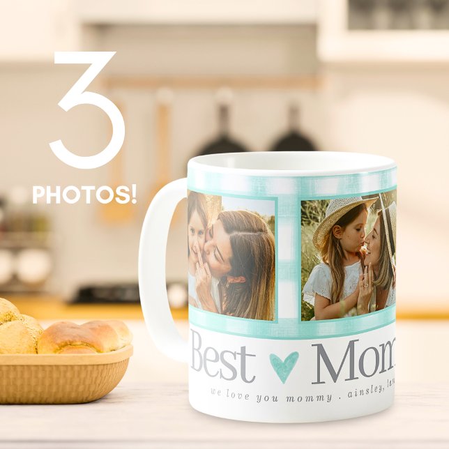 Best Mamma någonsin 3 Photo Gingham Hearts Mors da Kaffemugg (Skapare uppladdad)