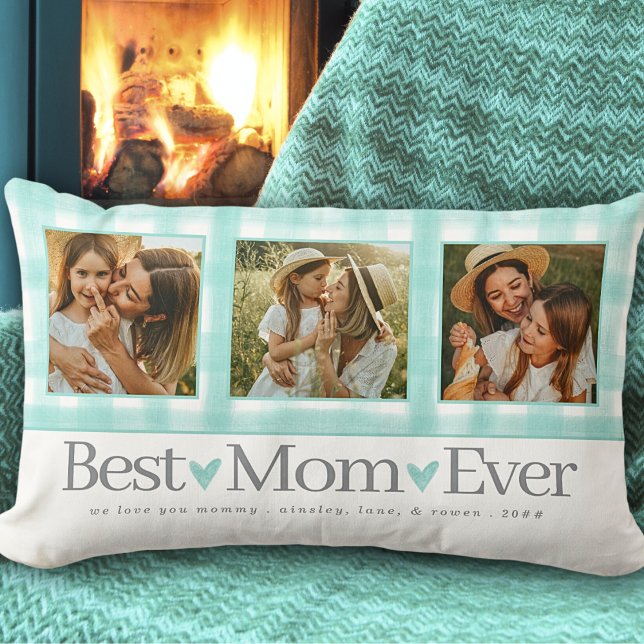 Best Mamma någonsin 3 Photo Mors dag Gingham Heart Lumbarkudde (Skapare uppladdad)
