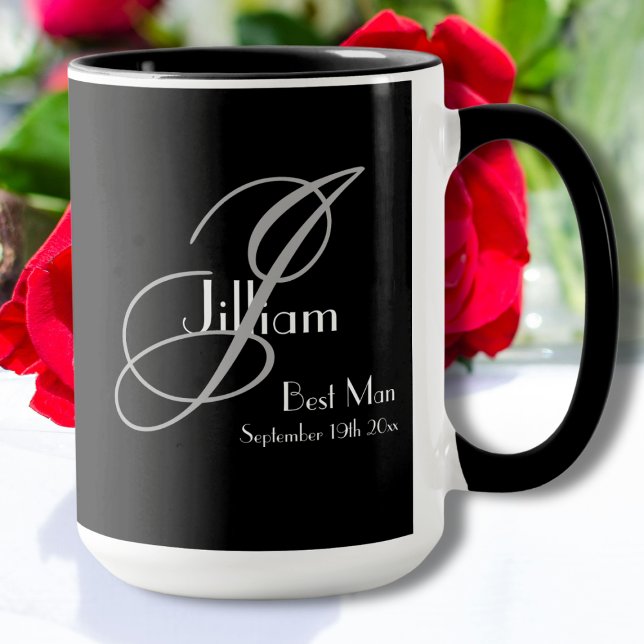 Best Man Black White Grått Monogram + Namn + Datum Mugg (A wonderful gift for your Best Man. Black, White & Gray Design with Monogram plus Name and Date Mug.)