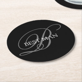 Best Man Monogram Black Grått Underlägg Papper Rund