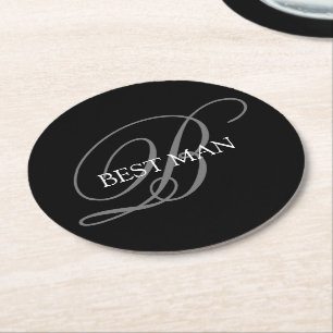 Best Man Monogram Black Grått Underlägg Papper Rund