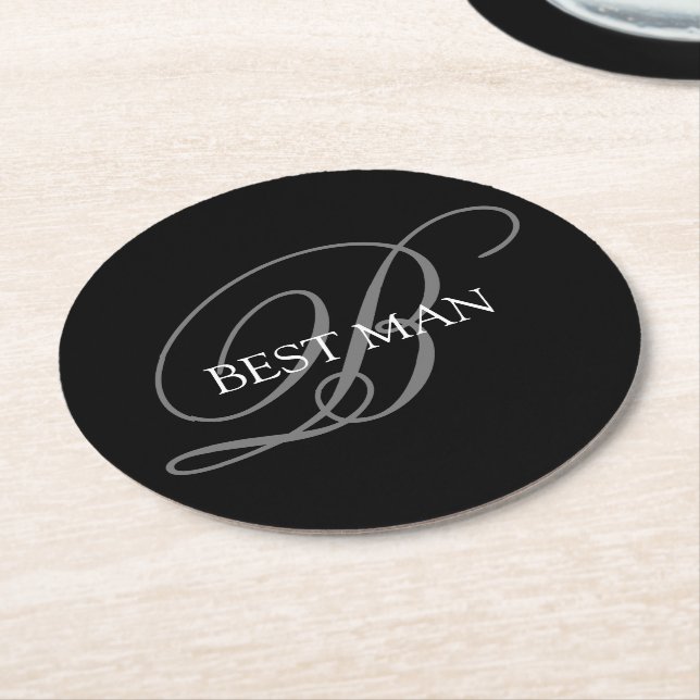 Best Man Monogram Black Grått Underlägg Papper Rund (Vinklad)