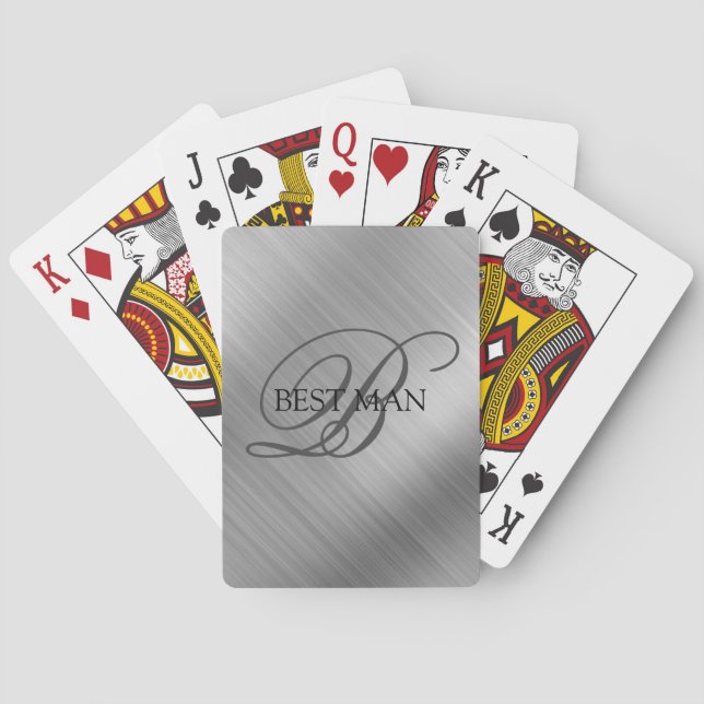 Best Man Monogram Brushed Silver Casinokort (Baksidan)