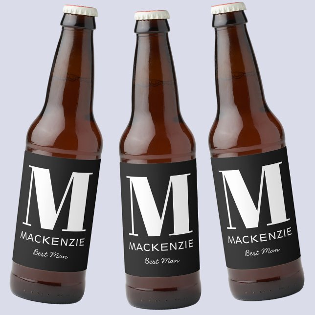 Best Man Monogram Namn Black Ölflaska Etikett (Modern Best Man monogram initial name beer bottle labels)