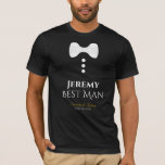 Best Man White Tie roligt Bröllop t-shirt<br><div class="desc">Den här roligten är designad som en gåva eller tjänst till din bästa man. T-tröjan är svart och har en bild av en vit slips och vit knapp. Texten lyder "Bästa man" och har ställe att skriva in i namn och i bröllop parets namn och bröllop. Underbart tillägg till en...</div>