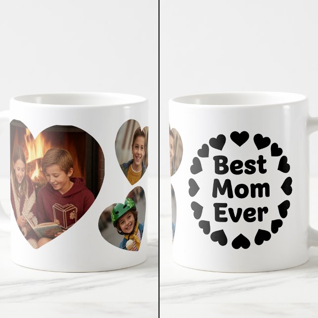 Best Mom Ever 3 Heart Photo Keepsake Black White Kaffemugg (Skapare uppladdad)