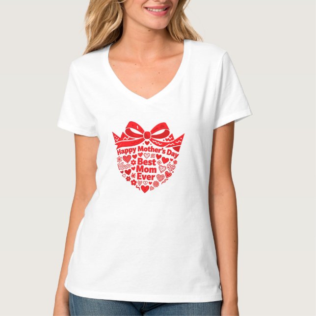 Best Mom Ever Hearts, Cute Red Bow Mother’s Day T Shirt (Framsida)