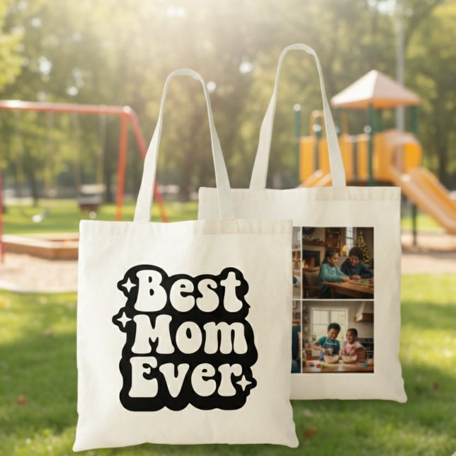 Best Mom Ever Retro Groovy 4 Photo Collage Tygkasse (Skapare uppladdad)
