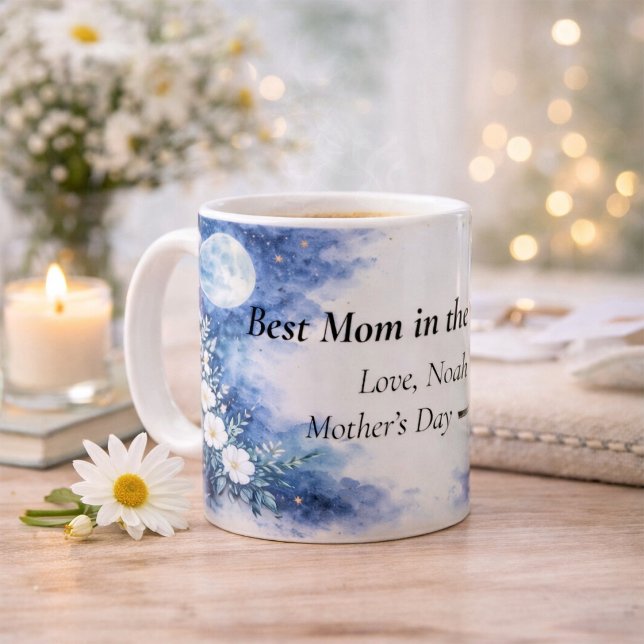 Best Mom in the World Moon Floral Blue Personalize Kaffemugg (Skapare uppladdad)