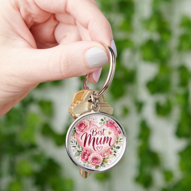 Best Mum Aquarell Blumenherz Design Rund Silverfärgad Nyckelring (Hand)