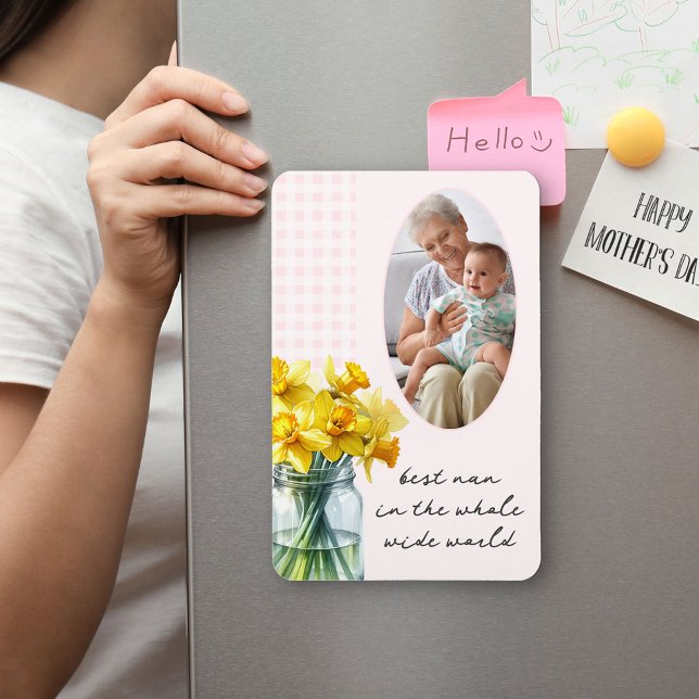 Best Nan Lodrät Photo Rosa Gingham och Daffodils Magnet (Fridge Magnet for the best Nan with daffodils and editable wording - perfect for Mother's Day)