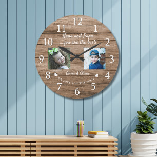 Best Nana och Pappa Barnbarn 2 Photo Collage Wood Stor Klocka
