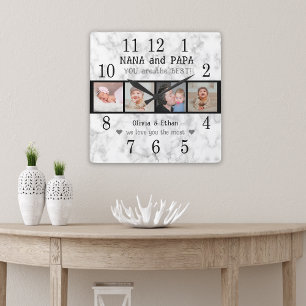 Best Nana och Pappa Barnbarn 4 Photo Marble Fyrkantig Klocka