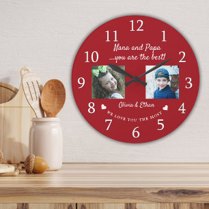 Best Nana och Pappa Barnbarn Photo Collage Red Stor Klocka