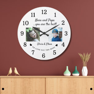Best Nana och Pappa Barnbarn Photo Collage White Stor Klocka