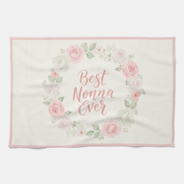 Best Nonna Ever Pink & Green Floral Wreath Kökshandduk (Horisontell)