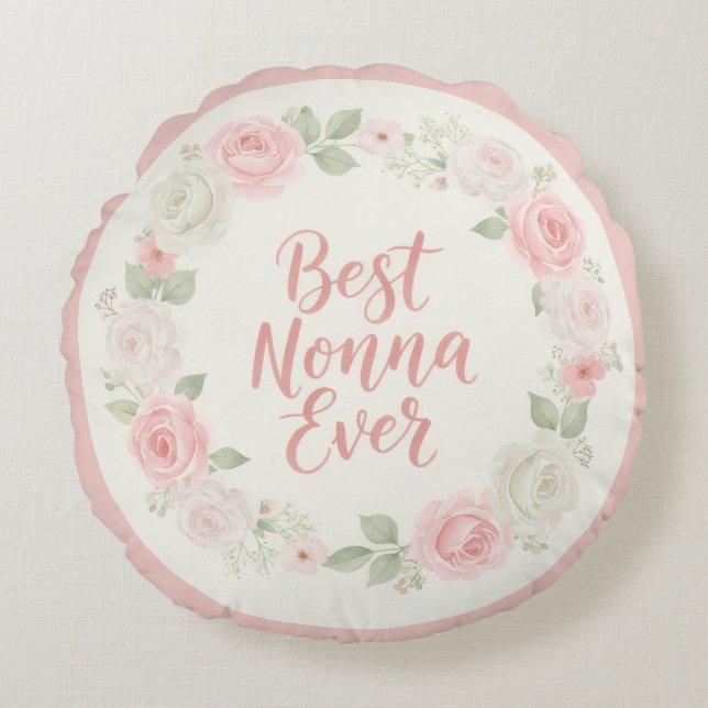 Best Nonna Ever Pink & Green Floral Wreath Rund Kudde (Framsidan)