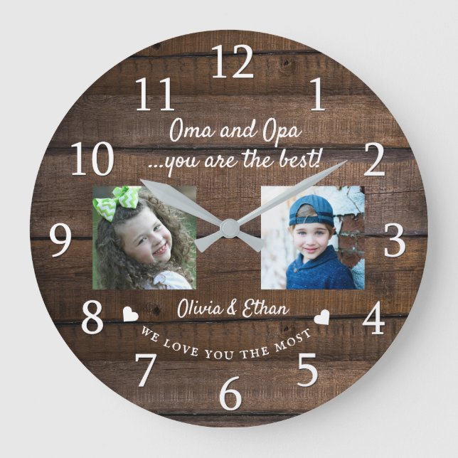 Best Oma och Opa Barnbarn Photo Collage Wood  Stor Klocka (Framsida)