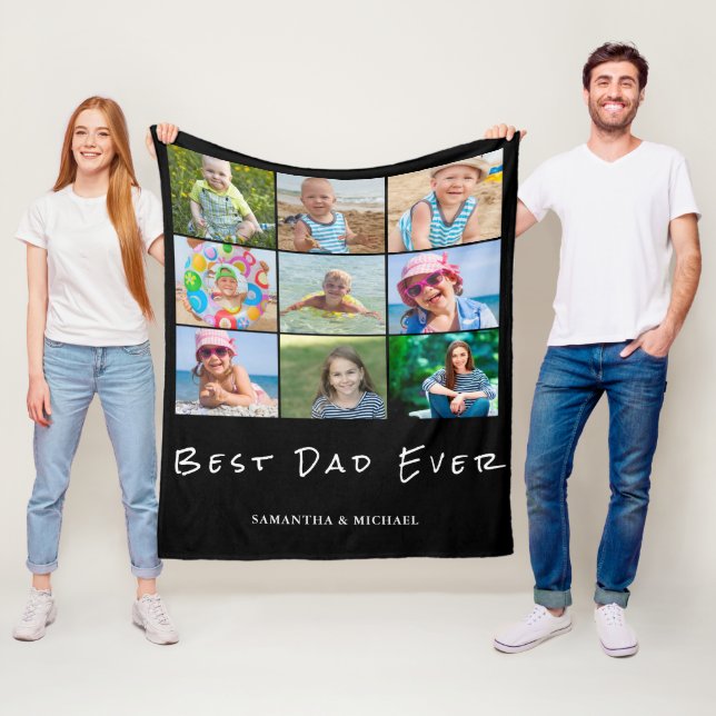 Best Pappa 9 Photo Collage Namn Fleece Blanket (På plats)