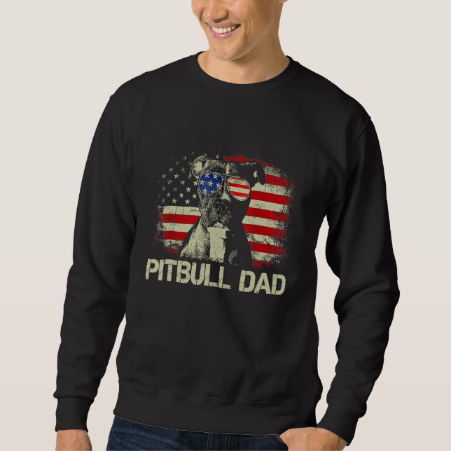 Best Pitbull Dad Ever  American Flag 4th Of July Lång Ärmad Tröja (Framsida)