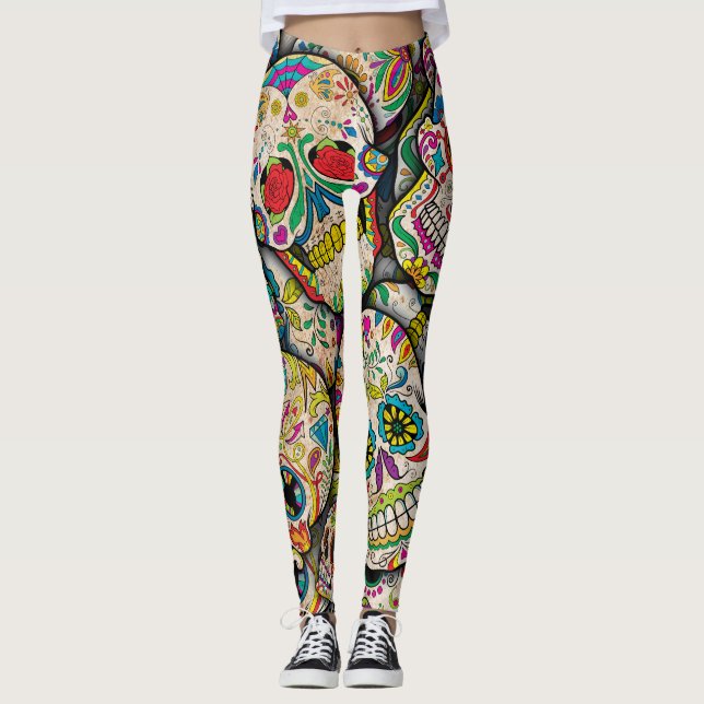 Best Selling Sugar Skull Mönster Leggings (Framsida)