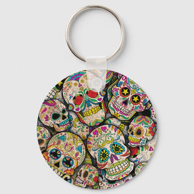 Best Selling Sugar Skull Mönster Nyckelring (Framsida)