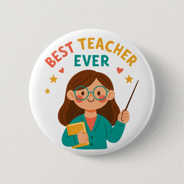 Best Teacher Ever – Cute Cartoon Appreciation Knapp (Framsida)