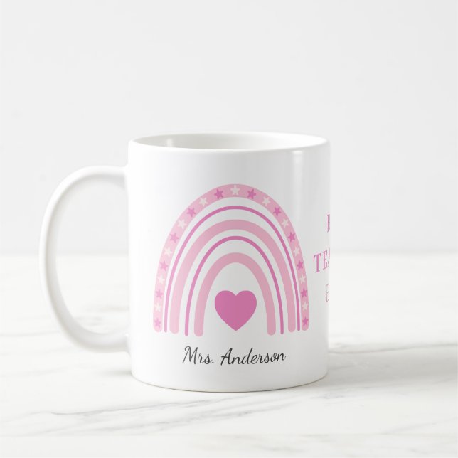 Best Teacher Rosa Boho Rainbow Namn Kaffemugg (Vänster)