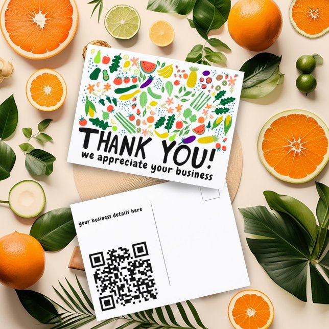 Beställ TACK Livsmedel Frukter Grönsaker ANPASSAD  Vykort (Thank you for your order card with custom QR code and fruit and vegetable illustration. Customize it)