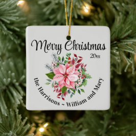 Beställning, 2-sidig julbukett rosa poinsettia julgransprydnad keramik