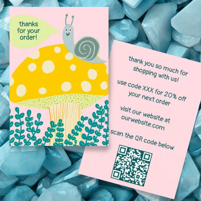 Beställning av ANPASSNINGSBAR av snigel Magic Mush Visitkort (Cute business card thank you for your order with snail and mushroom, custom QR code, discount code)
