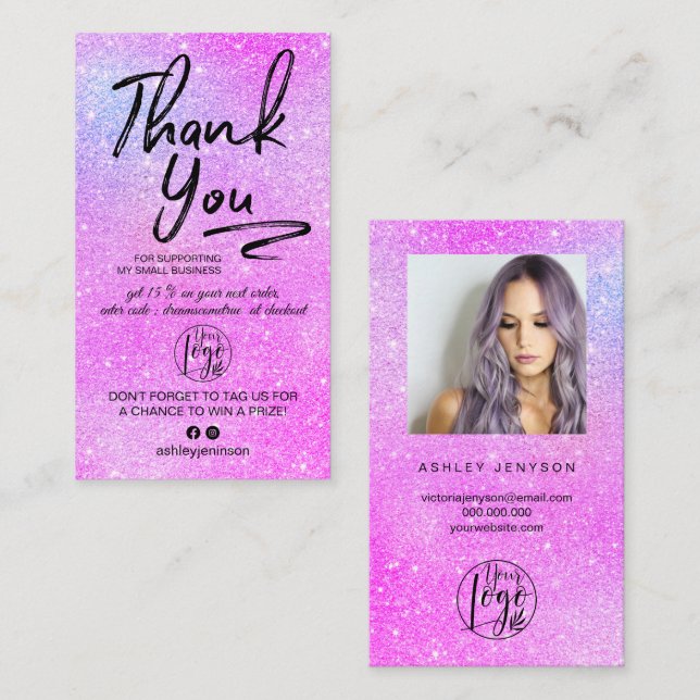 Beställning av fotofotot i lila glitter - logotyp  visitkort (Fram/baksida)