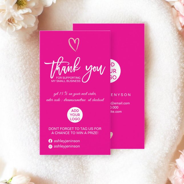Beställning av guld-skript för rosa logotyp av ro visitkort (Rose gold script heart pink logo order thank you business card)