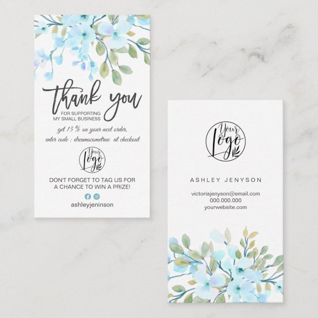 Beställning av logotyp för blå blommigt i blommar  visitkort (Fram/baksida)