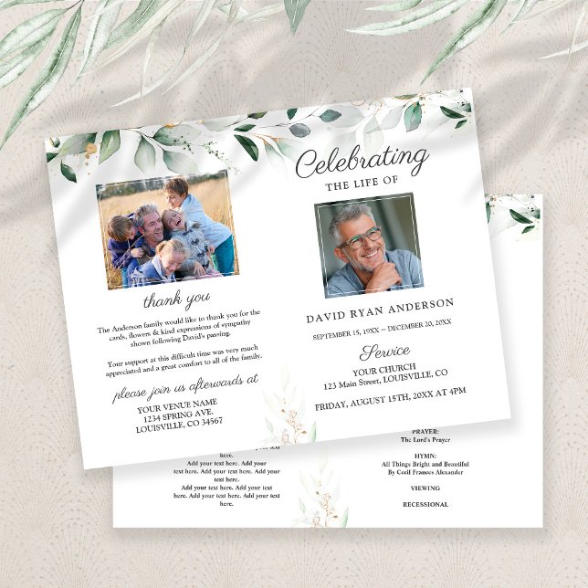 Beställning av tjänstens minnesanteckningsprogram (Celebrating life memorial service, program memorial service greenery photo. funeral program)