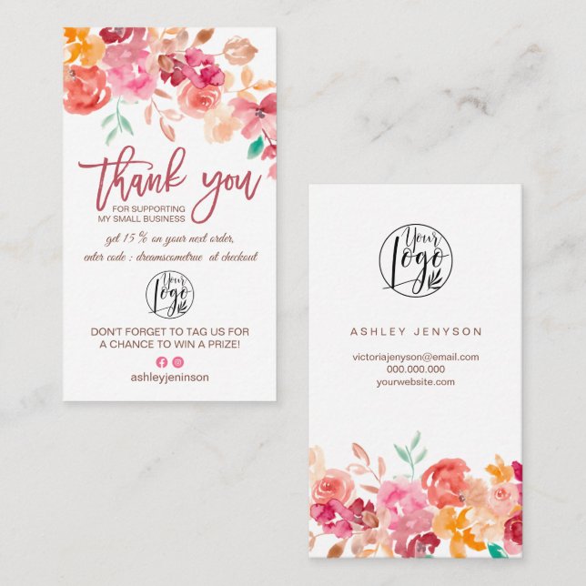 Beställning av vattenfärgsfärg för blommigt logoty visitkort (Fram/baksida)