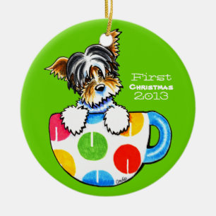 Beställnings- Biewer Yorkie första jul Julgransprydnad Keramik
